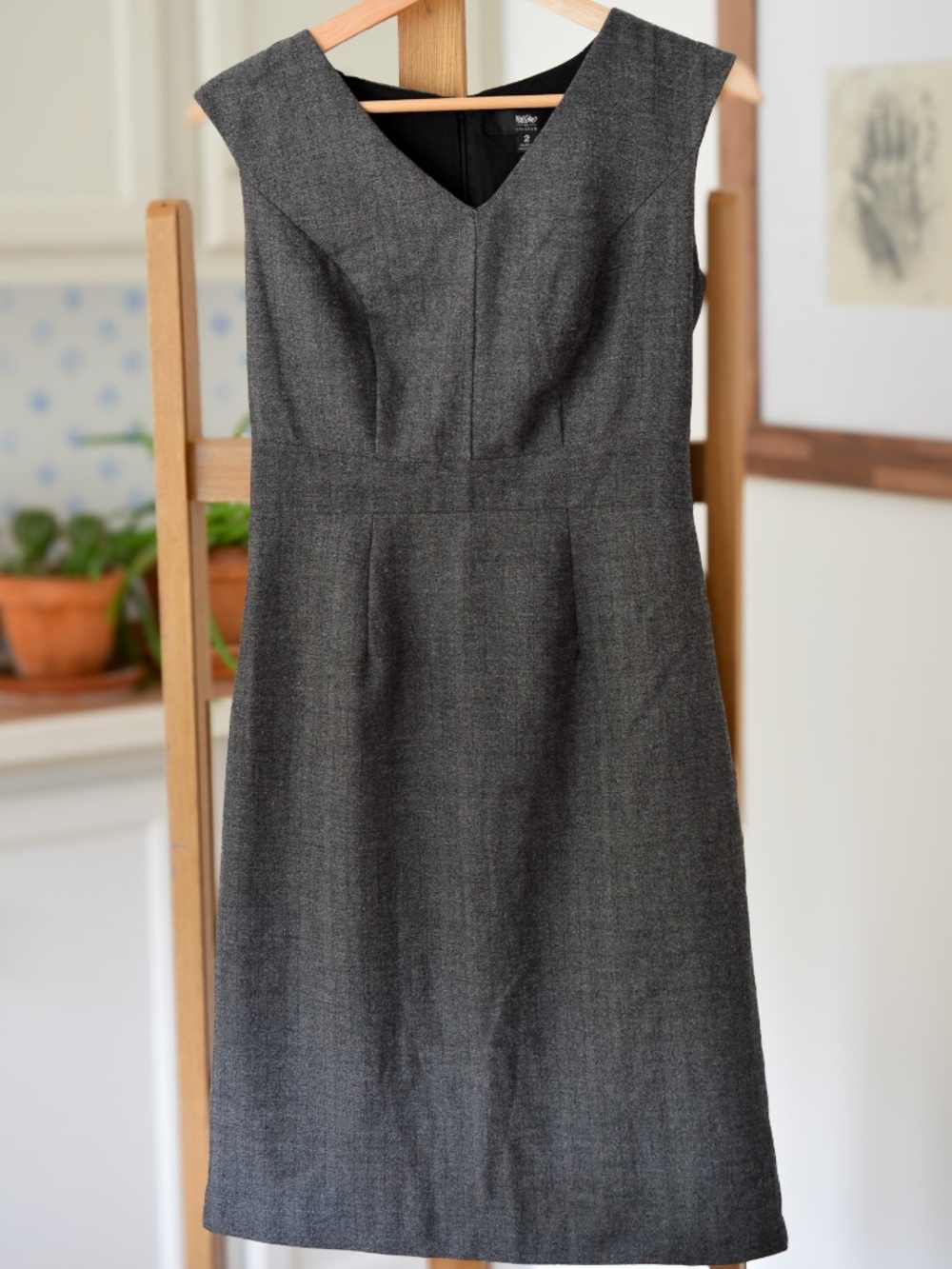 Charcoal Gray Herringbone V-Neck Career Pencil Dress
